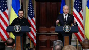 Rueda de prensa tras la cumbre entre Zelenski y Biden celebrada en Washington el 12 de diciembre de 2023.