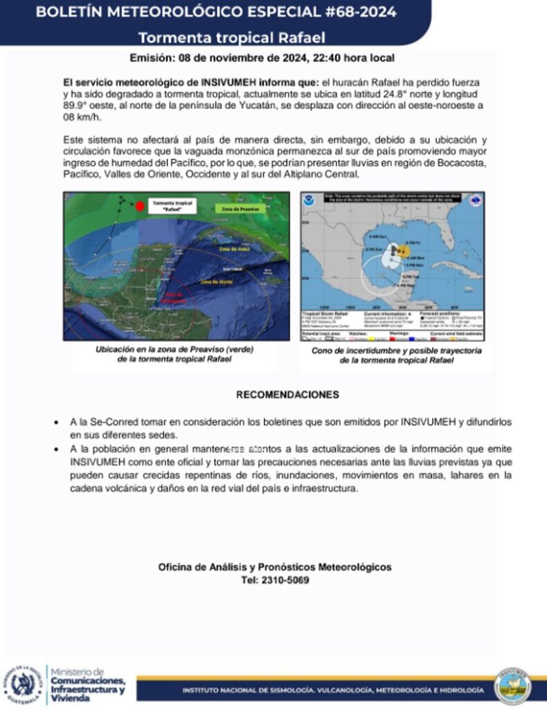 El Insivumeh informó de la tormenta tropical Rafael en un comunicado. Foto La Hora: Insivumeh