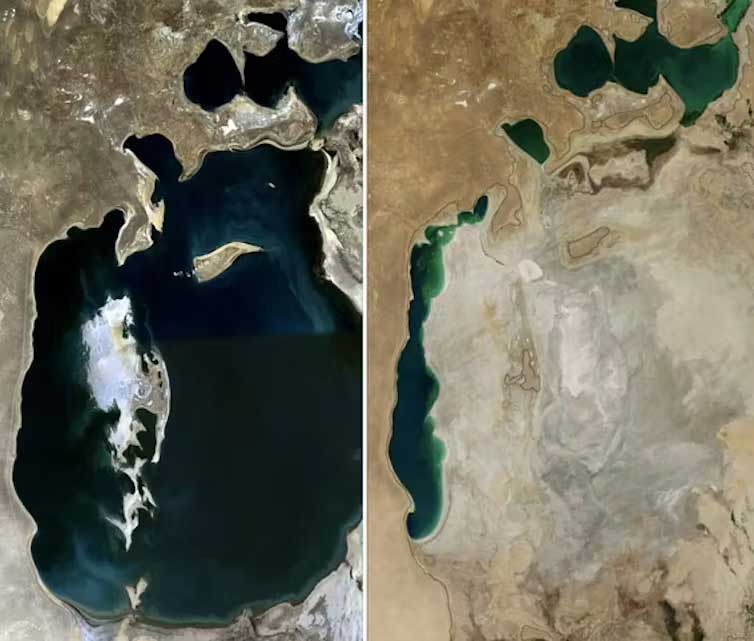 Evolución de la superficie del mar de Aral entre 1989 y 2014. NASA/Producercunningham, Wikimedia Commons