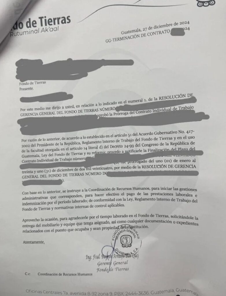 Carta en la que consta la notificación de no renovación de un contrato en Fontierras, fechada el 27 de diciembre.