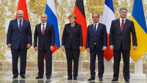 Los líderes de Bielorrusia, Rusia, Alemania, Francia y Ucrania en la cumbre de Minsk (Bielorrusia), febrero de 2015. Kremlin.ru