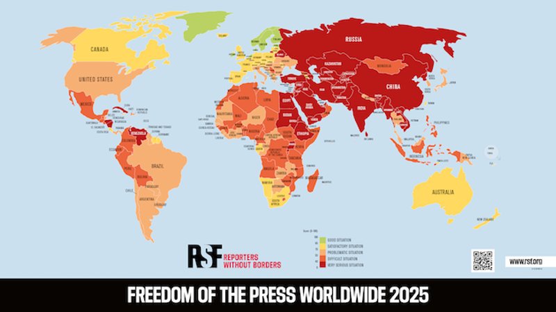 Un mapa con muchos países en rojo indica el lamentable estado de la libertad de prensa en el mundo en este 2025. Imagen: RSF